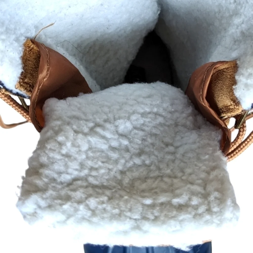 Khombu Vail Women's Blue Rubber Tan Suede Snow Duck Boots Colorful Knit Accent 6